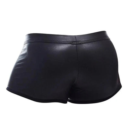 Rear view of BL4CK03 Peekaboo Mini Pants, showcasing sleek leather-inspired design for fashion-forward men by CUT4MEN.