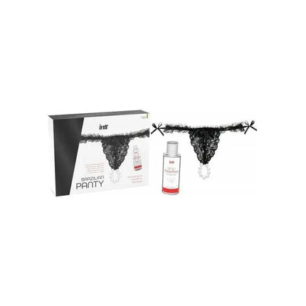 Black Brazilian Panty and Strawberry Slide Gel 50 ml set with lace panty and water-based gel for couples.