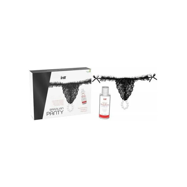 Black Brazilian Panty and Strawberry Slide Gel 50 ml set with lace panty and pearl detail next to flavored gel bottle.