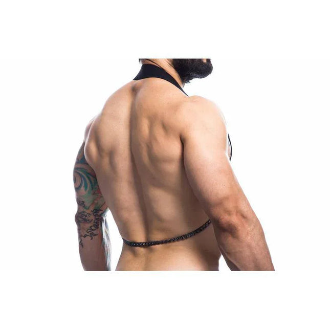 Model wearing Black Chain Chest Harness with leather-style finish showcasing bold fashion-forward design on a muscular back.