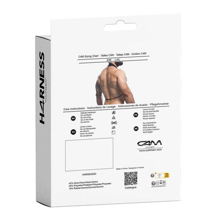 Packaging for Black Chain Chest Harness by CUT4MEN featuring care instructions and brand details.