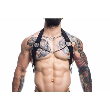 Black Chain Chest Harness by CUT4MEN featuring a bold design with a leather-style finish; modeled to emphasize sleek and edgy style.
