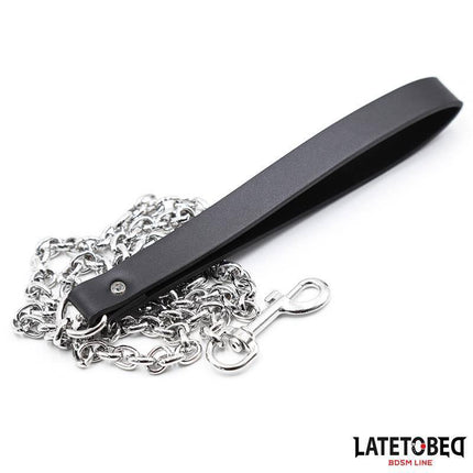 Black Chain Leash 100cm for consensual play, featuring metal chain and vegan PU leather handle, perfect for bondage activities.