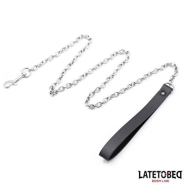 Black Chain Leash 100cm with vegan PU leather handle for discreet bondage play by LATETOBED.