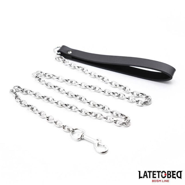 Black Chain Leash 100cm featuring metal chain and vegan PU leather strap ideal for BDSM and consensual play.
