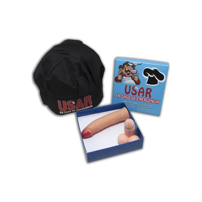 Black Chef Hat Box Set with Brooch and Stimulator featuring a black hat, brooch pin, and stimulator in a gift-ready package.