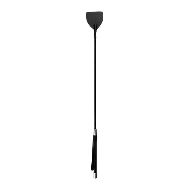 Black Crop - premium leather riding crop for SM games, featuring long handle, secure loop, and metal caps for elegant play.