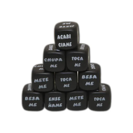 Black Die Stay at Home dice stacked with intimate prompts for adult date nights and game nights.