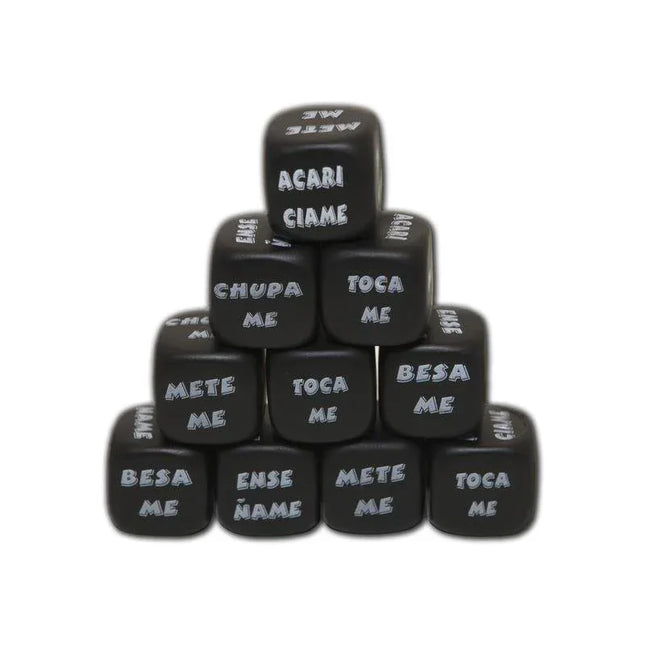 Black Die Stay at Home dice stacked with intimate prompts for adult date nights and game nights.