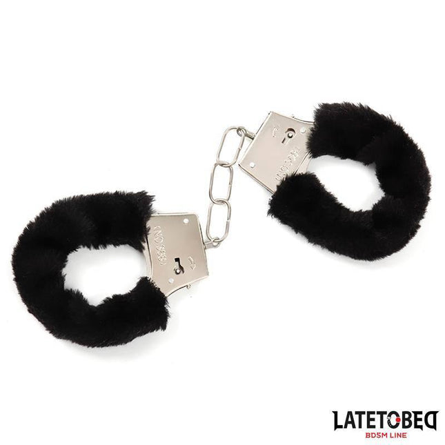 Black Furry Metal Handcuffs for BDSM Play with Decadent Red Faux Fur