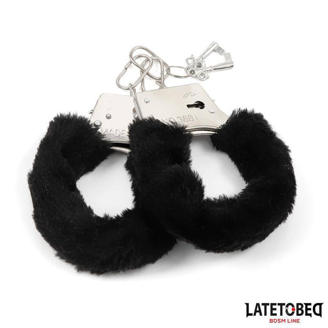 Black Furry Metal Handcuffs for BDSM Play with keys from Latetobed line.