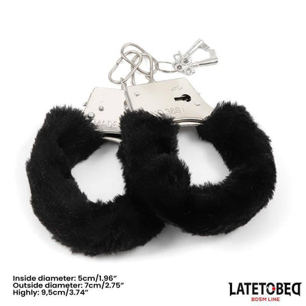 Black Furry Metal Handcuffs for BDSM Play with red faux fur and secure locks by Latetobed.
