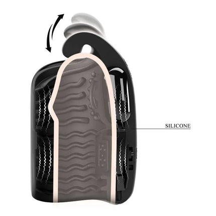Cross-section view of Black Glans Trainer Vibrating Male Masturbator showcasing inner silicone texture and vibration features.