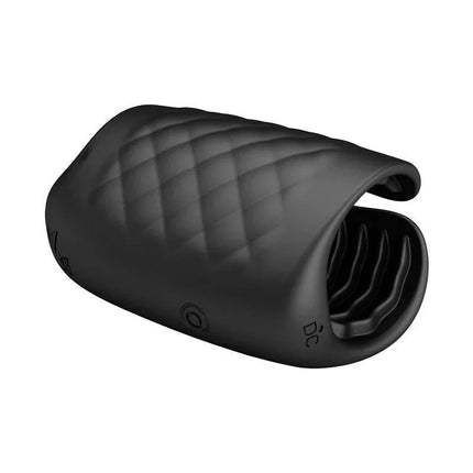 Black Glans Trainer Vibrating Male Masturbator with textured black design and compact structure for enhanced solo pleasure.