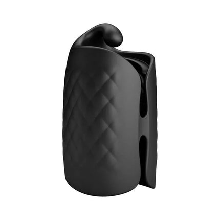 Black Glans Trainer Vibrating Male Masturbator with quilted design for enhanced solo pleasure experience.