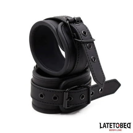 Black Leather Handcuffs - Sturdy Wrist Restraints from Latetobed BDSM Line, designed for secure and comfortable restraint.
