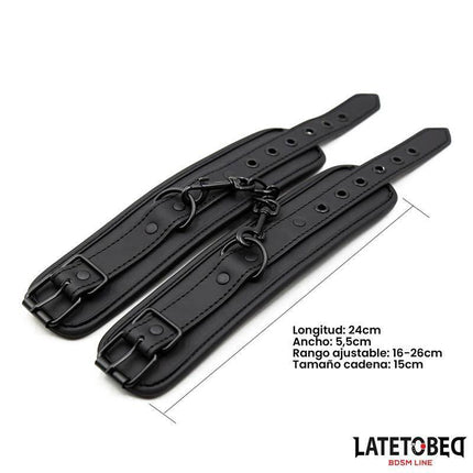 Black Leather Handcuffs - Sturdy Wrist Restraints by Latetobed, detailed dimensions display.
