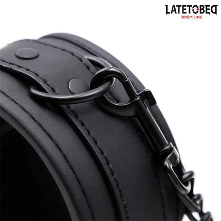 Close-up of Black Leather Handcuffs - Sturdy Wrist Restraints from Latetobed BDSM Line