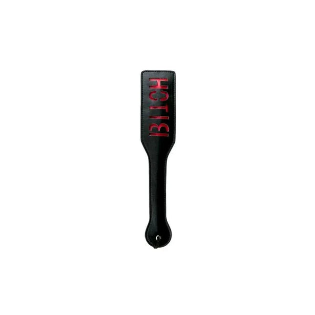 Black Leather Paddle - Bitch with red inscription, BDSM toy
