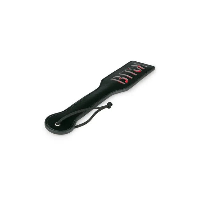 Black Leather Paddle - Bitch with red inscription for BDSM play, featuring ergonomic design and full-grain leather for durability.