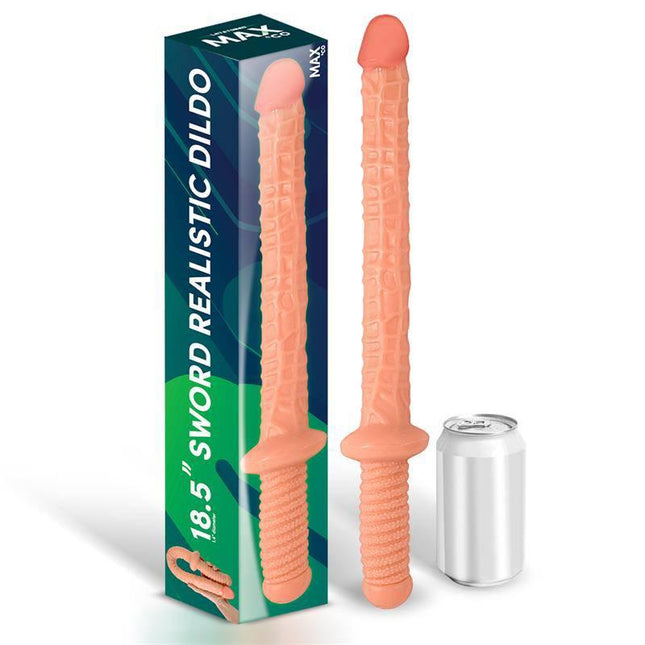 Blade Realistic Dildo Sword 18.5 Flesh next to packaging and soda can for size comparison.