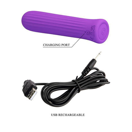 Blanche Rechargeable Vibrating Bullet - Purple with charging port and USB cable for versatile stimulation