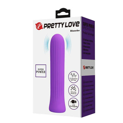 Blanche Rechargeable Vibrating Bullet - Purple, compact design, 12 vibration speeds, flexible silicone, Pretty Love packaging.