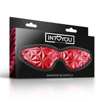 Blindfold Diamond Vegan Leather luxury BDSM eye mask with diamond pattern for sensory play displayed in packaging.