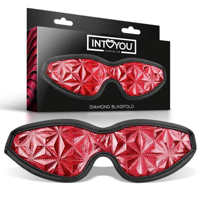 Blindfold Diamond Vegan Leather luxury BDSM blindfold with red diamond pattern for sensory play and fashion.