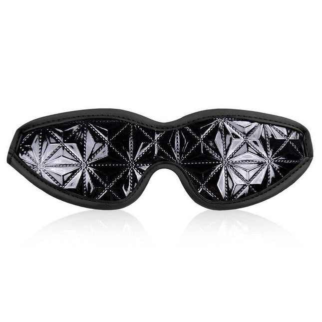 Blindfold Sapphire Vegan Leather luxury eye mask with diamond-pattern design in black vegan leather for sensory play.
