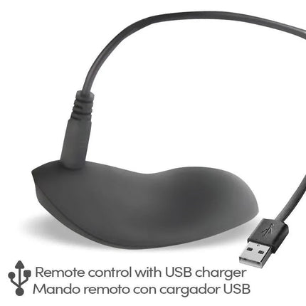 Bliss Vibrating Panties USB Remote Control USB Silicone with charger shown in black design.