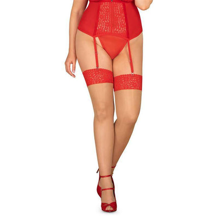 Blossmina Stockings in bold red with delicate lace design for fuller figures, offering a modern silhouette from day to night.