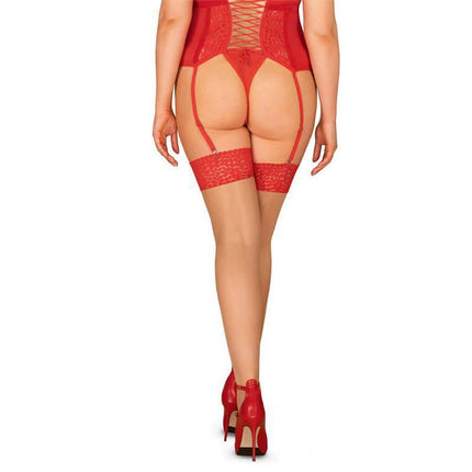 Back view of model wearing red Blossmina Stockings with lace detailing, showcasing the bold pattern and fit for fuller figures.