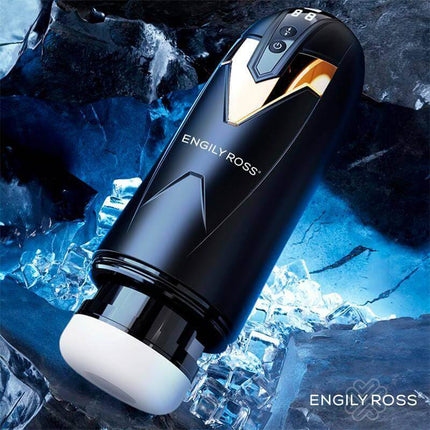 Engily Ross sleek black and gold device on ice blocks, showcasing luxury design and innovation.