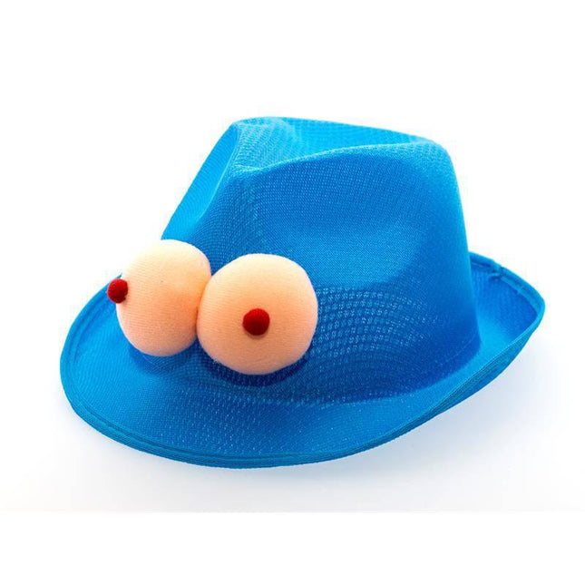 Blue Breast Hat in blue polyester with playful breast motif, ideal for bachelor parties and fun events, featuring soft comfort band.