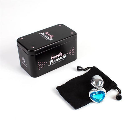 Blue Heart Metal Butt Plug Size S with storage tin and black pouch