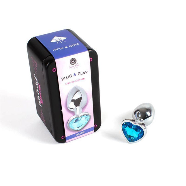 Blue Heart Metal Butt Plug Size S with packaging