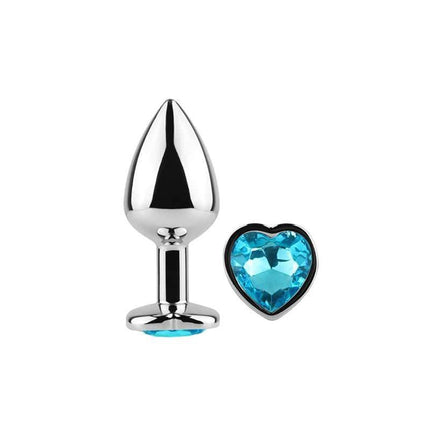 Blue Heart Metal Butt Plug Size S with heart-shaped blue gem, crafted from nickel-free aluminum, designed for comfort and easy insertion.