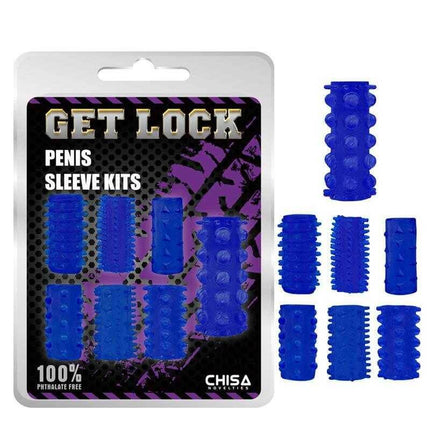 Packaging of Blue Penis Sleeve Kits with Different Reliefs, featuring multiple textured blue sleeves made from soft, flexible TPE material.