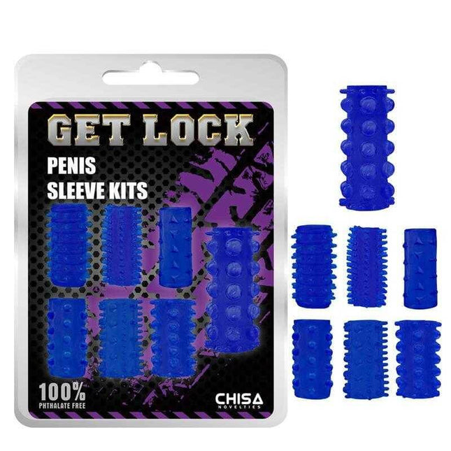 Packaging of Blue Penis Sleeve Kits with Different Reliefs, featuring multiple textured blue sleeves made from soft, flexible TPE material.