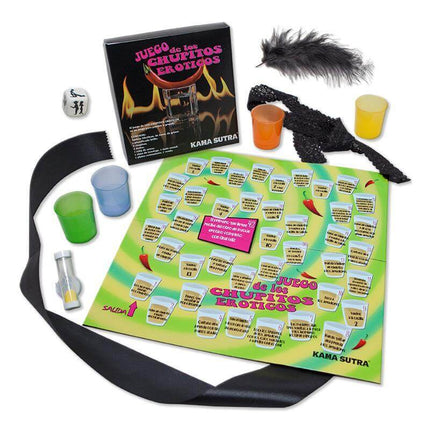 Board Game Erotic Shots Game set with board, dice, feather, and cups for adult play and intimate fun.