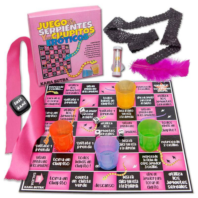 Board Game Snake Erotic Shot with vibrant board, shot glasses, and playful accessories for an adults-only game night.