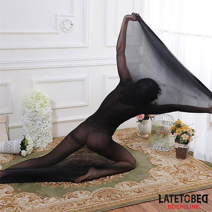 Bodystocking Full Body Elastic showcasing flexibility and semi-transparent design in elegant black by Latetobed BDSM Line.