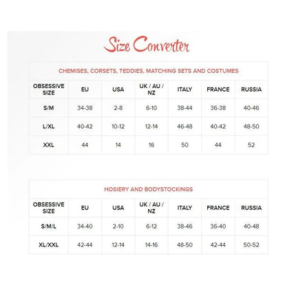 Size conversion chart for Bodystocking N112 Size S/M/L, showing Obsessive size guide for international measurements.