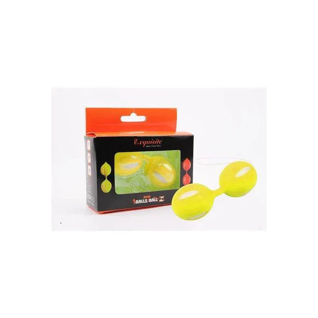 Bolas Ben Wa 10.3 cm Amarillo in packaging, yellow silicone vaginal balls for pelvic floor strengthening and intimate wellness.