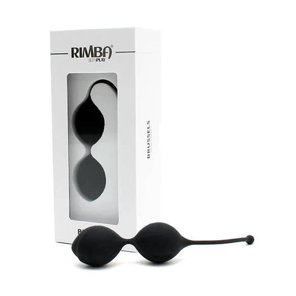 Bolas Kegel Brussels Negro in packaging and on display, premium silicone pelvic floor exerciser for enhancing endurance and pleasure.