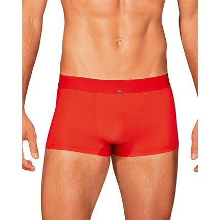Man wearing red Boldero Boxers by Obsessive, showcasing elastic fabric and sensual back cutout.