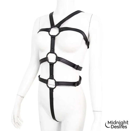 Bondage Body Harness in black vegan leather, showcasing two-part design for restraint and comfort, perfect for adventurous experiences.