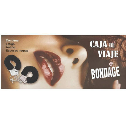 Bondage Box with handcuffs, whip and mask packaging displaying contents and text in Spanish.