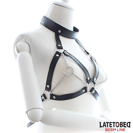 Bondage Harness with Open Cups and Chains from Latetobed BDSM line displayed on mannequin.